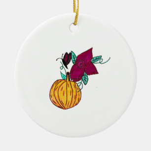 Pumpkin with Purple Butterfly  Ceramic Ornament