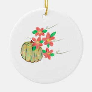 Pumpkin with Red Flowers Ceramic Ornament