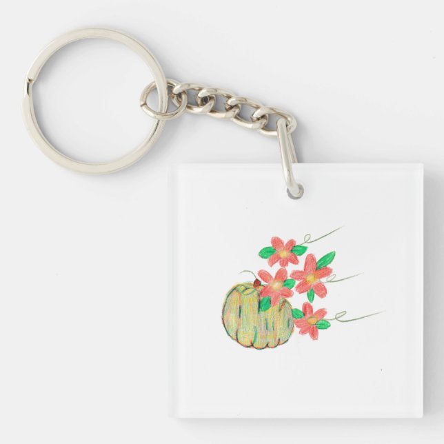 Pumpkin with Red Flowers Keychain (Front)