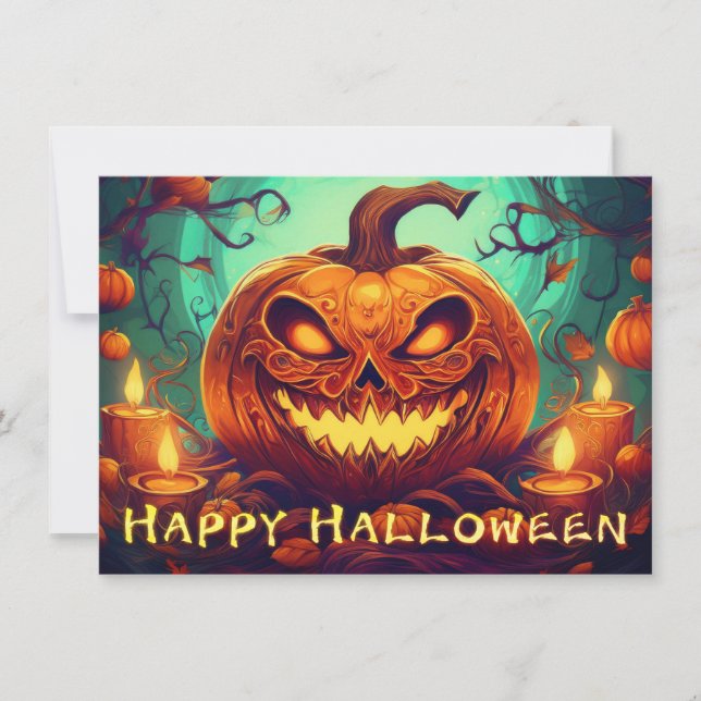 Pumpkin with Scary Face Among Candles, Halloween (Front)