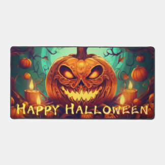 Pumpkin with Scary Face Among Candles, Halloween Desk Mat