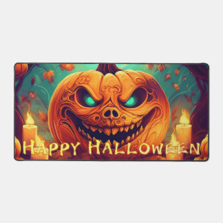 Pumpkin with Scary Face Among Candles, Halloween Desk Mat