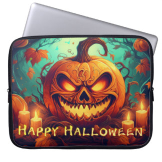 Pumpkin with Scary Face Among Candles, Halloween Laptop Sleeve