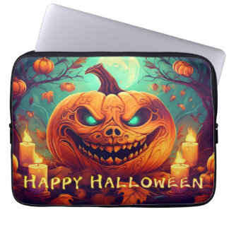 Pumpkin with Scary Face Among Candles, Halloween Laptop Sleeve