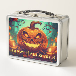 Pumpkin with Scary Face Among Candles, Halloween Metal Lunch Box