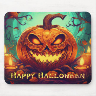 Pumpkin with Scary Face Among Candles, Halloween Mouse Pad