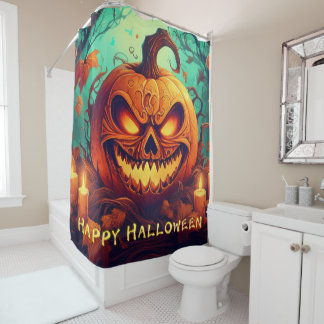 Pumpkin with Scary Face Among Candles, Halloween Shower Curtain