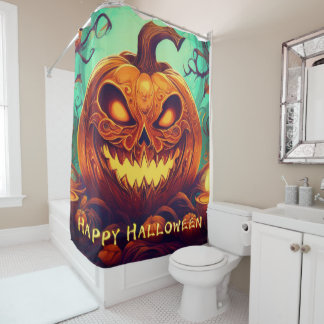 Pumpkin with Scary Face Among Candles, Halloween Shower Curtain