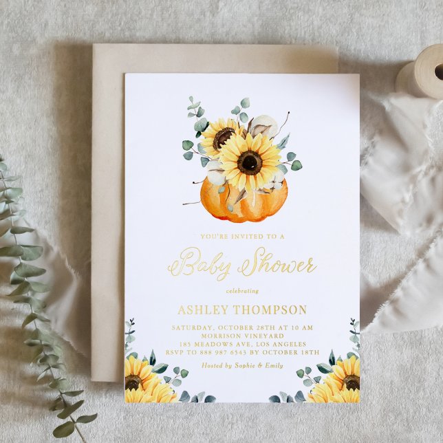 Pumpkin with Sunflowers Rustic Fall Baby Shower Foil Invitation (Gold foil fall baby shower invitation featuring watercolor pumpkin, sunflowers and greenery.)