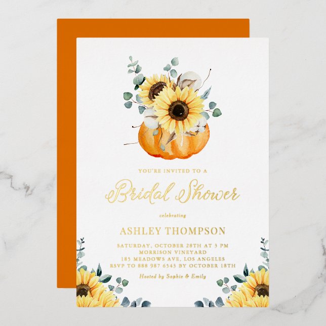 Pumpkin with Sunflowers Rustic Fall Bridal Shower Foil Invitation (Front/Back)