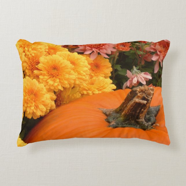 Pumpkin With Yellow And Coral Mums Accent Pillow (Front)