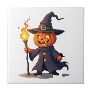 Pumpkin Wizard � Magical Halloween Sorcerer Tee Ceramic Tile