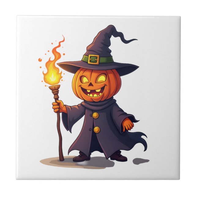 Pumpkin Wizard � Magical Halloween Sorcerer Tee Ceramic Tile (Front)