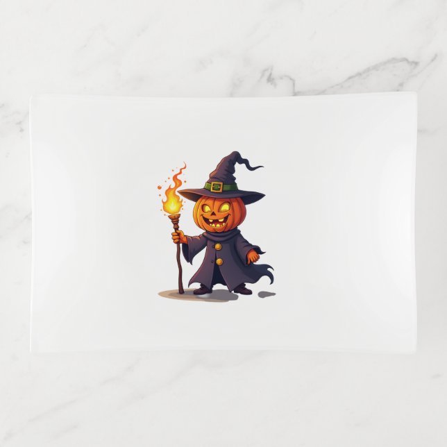 Pumpkin Wizard � Magical Halloween Sorcerer Tee Trinket Tray (Front)