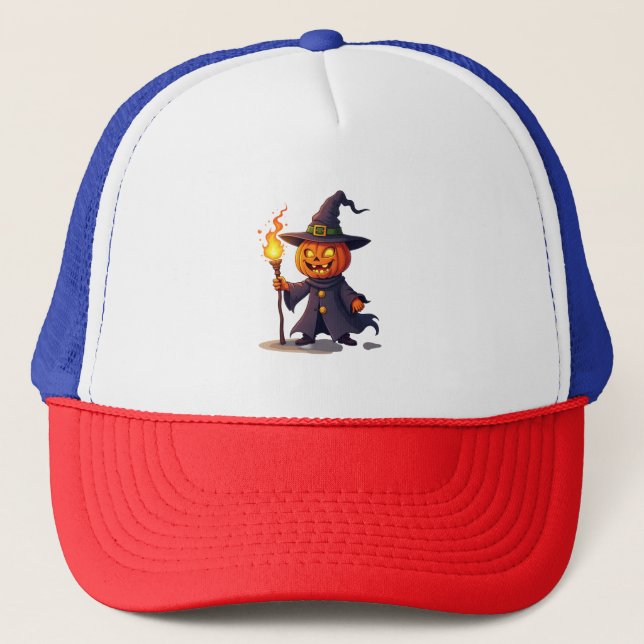 Pumpkin Wizard � Magical Halloween Sorcerer Tee Trucker Hat (Front)