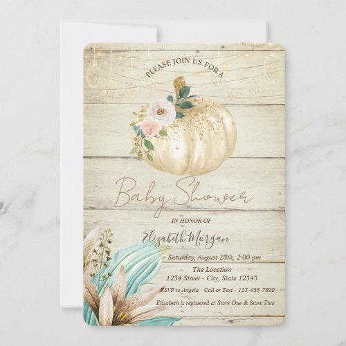 Pumpkin Wood TextureBoho Flowers Baby Shower Invitation