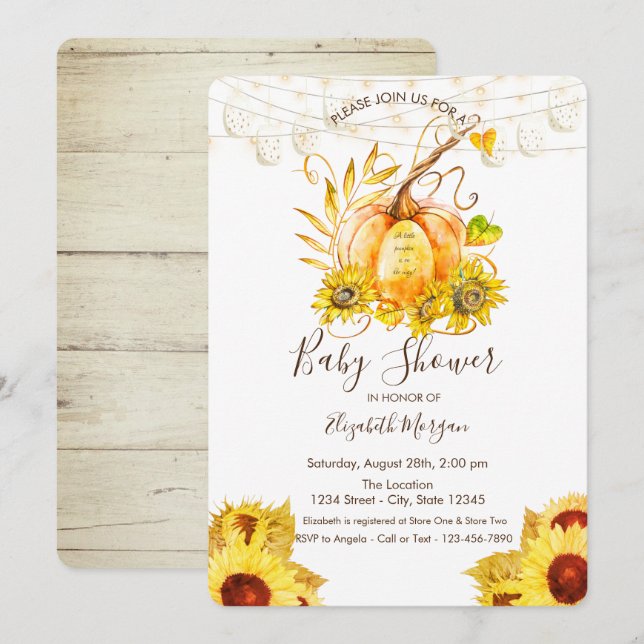 Pumpkin, Wood Texture,Sunflowers Baby Shower Invitation (Front/Back)