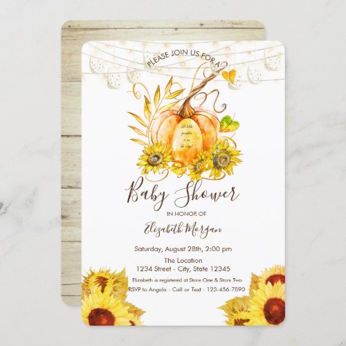 Pumpkin Wood TextureSunflowers Baby Shower Invitation