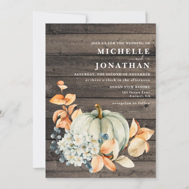 Pumpkin & Wood Wedding Invitation Fall Colors (Front)