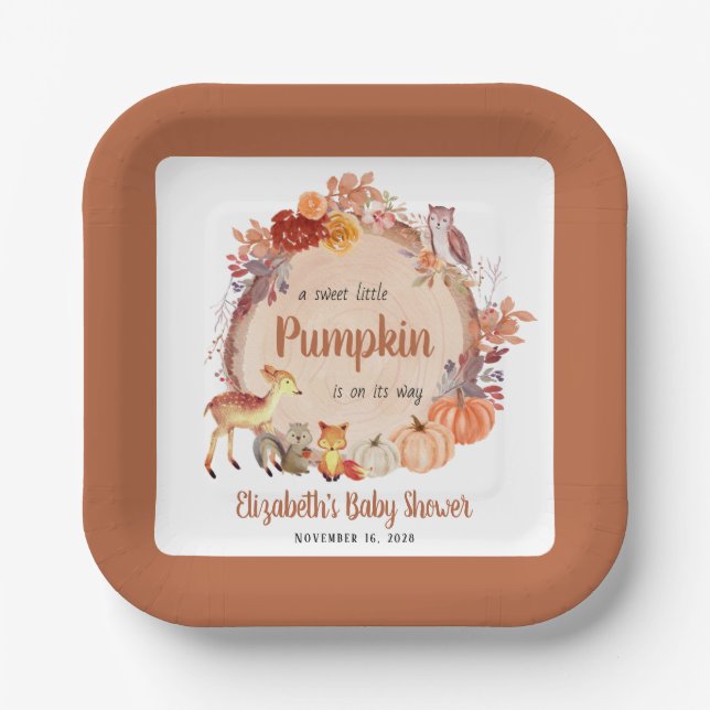 Pumpkin Woodland Animals Terracotta Baby Shower Paper Plates (Front)