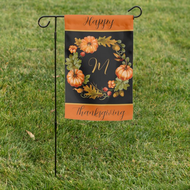 Pumpkin wreath monogram   garden flag (In SItu)