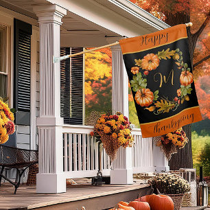 Pumpkin wreath monogram house flag