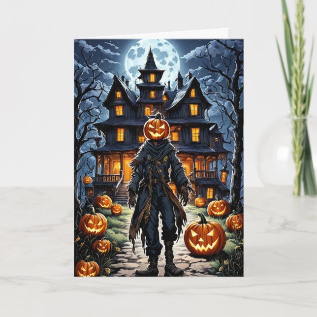 Pumpkinhead in Moonlight Halloween Holiday Card (Front)