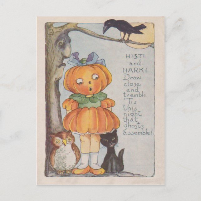 Pumpkinhead Jack O Lantern Crow Black Cat Owl Postcard (Front)