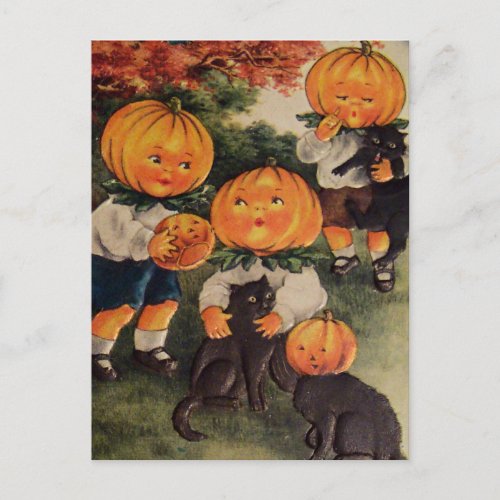 Pumpkinheads Black Cat Vintage Halloween Card Postcard