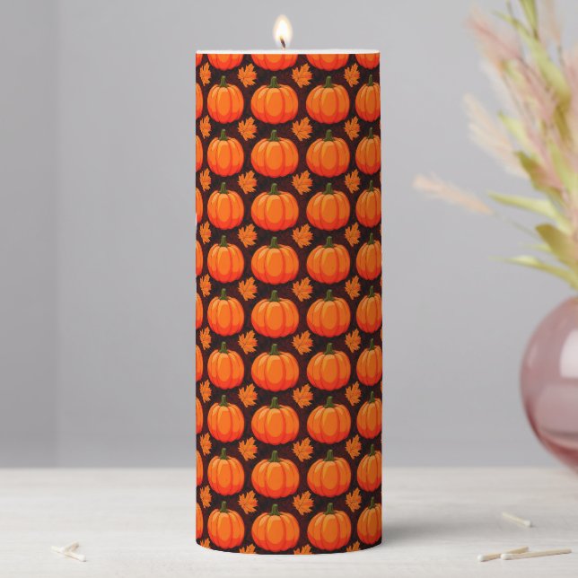 Pumpkins and Autumn Leaves Pillar Candle (In Situ)