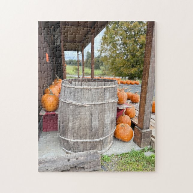 Pumpkins and barrel by a farm jigsaw puzzle (Vertical)