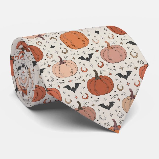Pumpkins and Bats Halloween Pattern Neck Tie (Rolled)