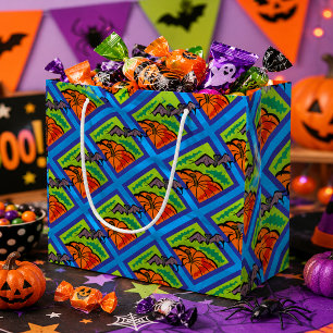Pumpkins and Bats in Pattern, Name, Halloween Large Gift Bag
