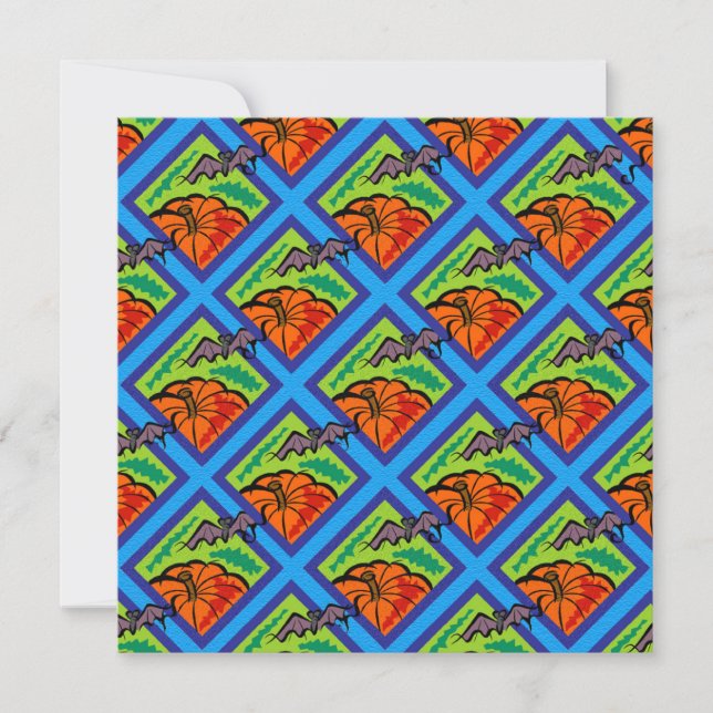 Pumpkins and Bats in Patterns of Green/Blue Invitation (Front)