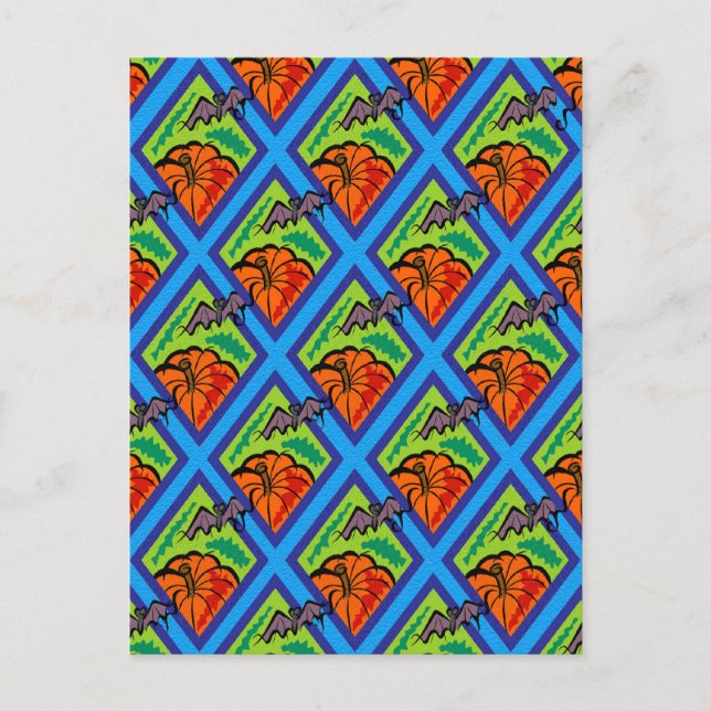 Pumpkins and Bats in Patterns of Green/Blue Postcard (Front)
