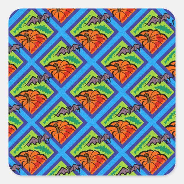 Pumpkins and Bats in Patterns of Green/Blue Square Sticker (Front)