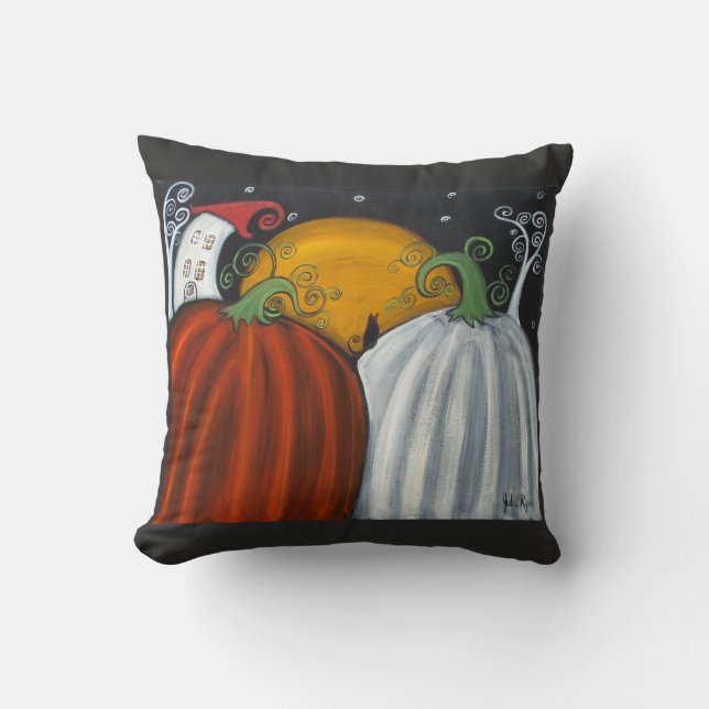 Pumpkins and Black Cat Fall Art Throw Pillow (Front)
