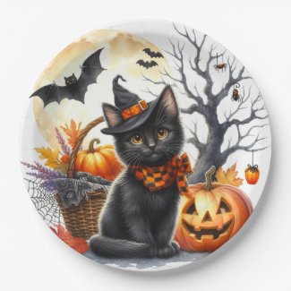 Pumpkins and Black Cat Halloween Party Paper Plate
