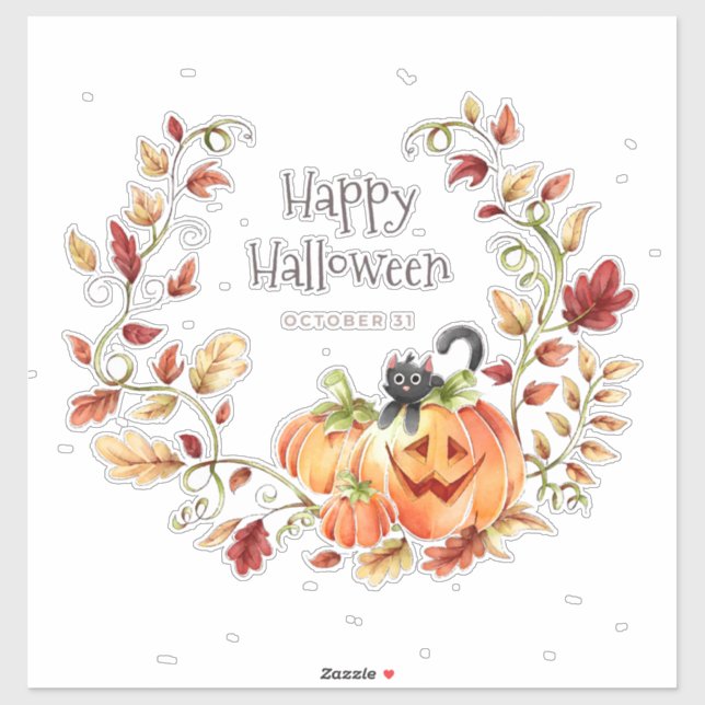 Pumpkins and Black Cat Halloween Wreath Sticker (Sheet)