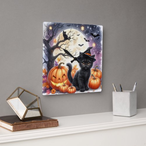 Pumpkins and Black Cats Halloween Wall Clock