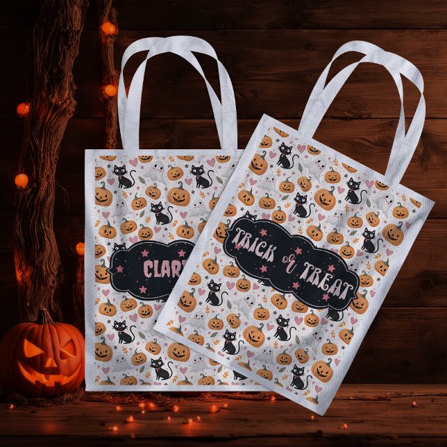 Pumpkins and Cats Cute Halloween Trick or Treat Grocery Bag (Creator Uploaded)