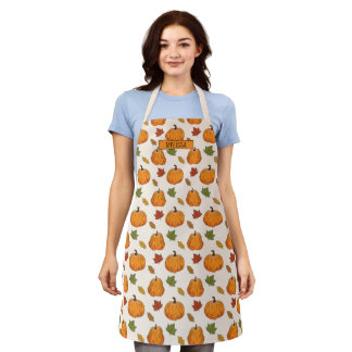 Pumpkins And Colorful Autumn Leaves Pattern & Name Apron