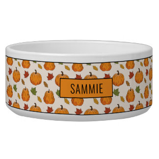 Pumpkins And Colorful Autumn Leaves Pattern & Name Bowl
