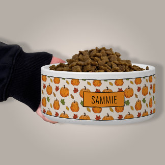 Pumpkins And Colorful Autumn Leaves Pattern & Name Bowl