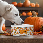 Pumpkins And Colorful Autumn Leaves Pattern & Name Bowl<br><div class="desc">Destei's cartoon illustrated pattern of autumn harvest time including orange pumpkins and some colorful fall leaves. There is also a personalizable text area for a name.</div>