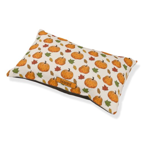 Pumpkins And Colorful Autumn Leaves Pattern  Name Pet Bed