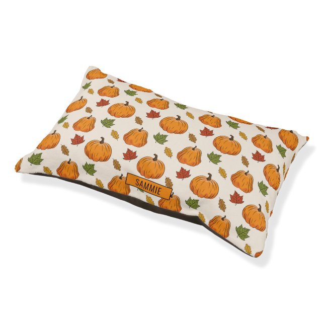 Pumpkins And Colorful Autumn Leaves Pattern & Name Pet Bed (Angled)