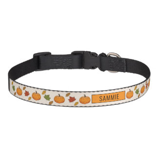 Pumpkins And Colorful Autumn Leaves Pattern &amp; Name Pet Collar