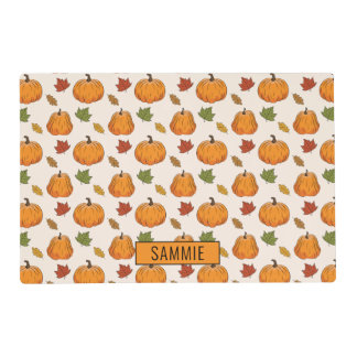 Pumpkins And Colorful Autumn Leaves Pattern & Name Placemat
