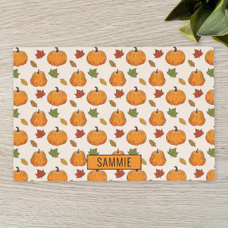 Pumpkins And Colorful Autumn Leaves Pattern & Name Placemat